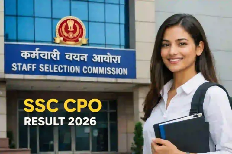 SSC CPO Result 2026 image with Staff Selection Commission building and female candidate student for Delhi Police SI CAPF result update